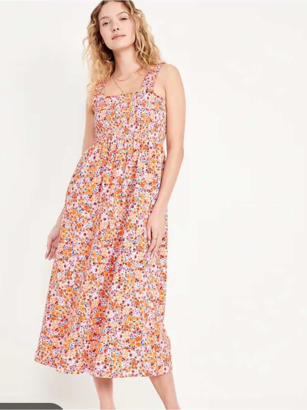 Old Navy Floral Smocked Midi Dress in Pink & Orange - Picture 1 of 3